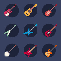 guitars instruments flat style icon set vector design