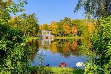 Sightseeing of Saint Petersburg. Marble bridge and Catherine Park, beautiful autumn landscape,...