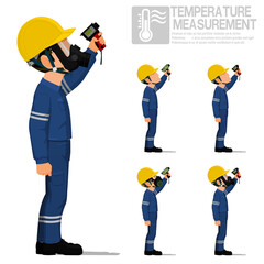 Set of industrial worker using pyrometer for measuring temperature.