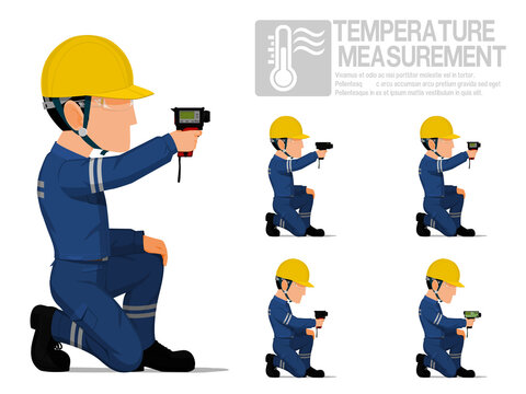 Set of industrial worker using pyrometer for measuring temperature.