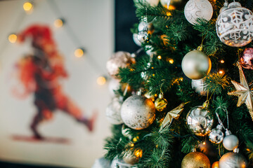 Christmas tree with Christmas toys, lights and garlands