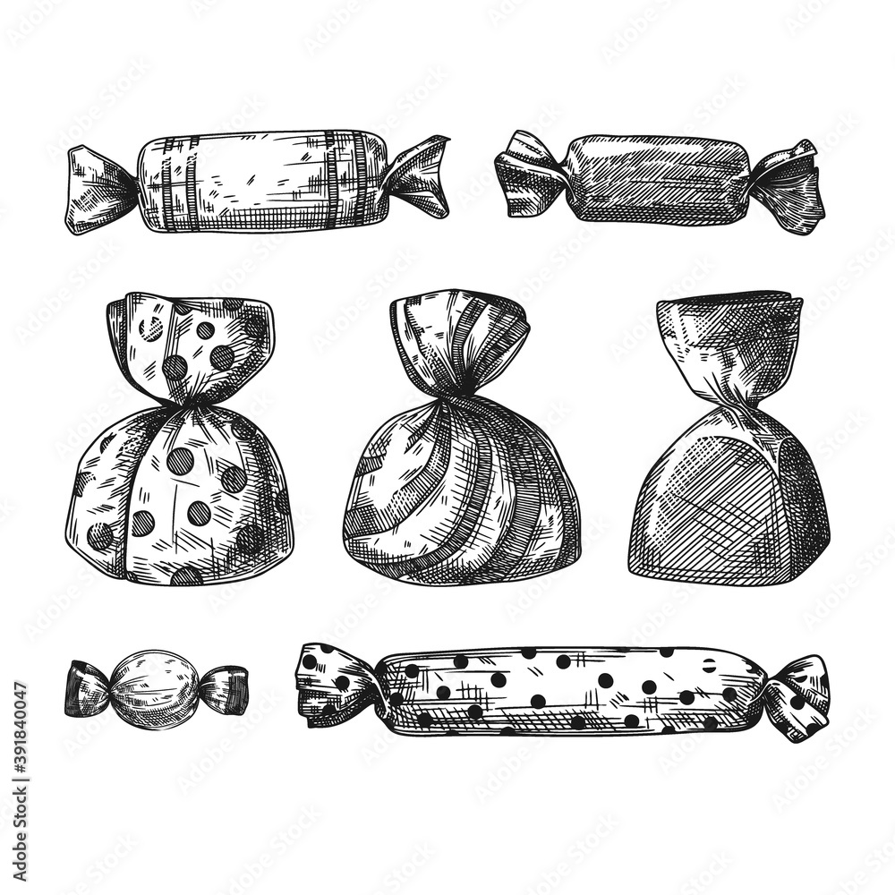 Poster set of different sweets in a wrapper isolated on a white background. sketch