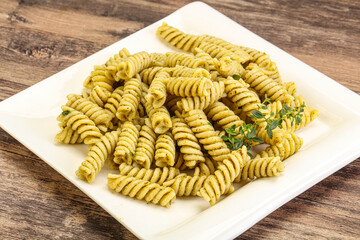 Italian pasta Fusilli with pesto