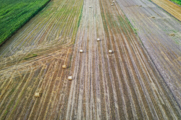 Drone high angle view of straw bales on a field, Gmina Korytnica, Mazovia Province of Poland