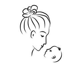 Mom and her baby on a white background. Sketch. Vector illustration.