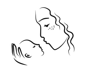 Mom and her baby on a white background. Sketch. Vector illustration.