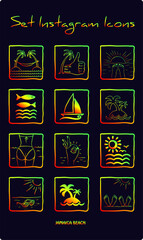 Set of vector doodle travel icons made by hand, sea, sun, palms, island, ship.