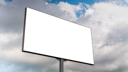 Mock up image - blank white billboard or large advertising display and white clouds against blue sky. Consumerism, mockup, advertising, isolated white screen, template, copyspace concept