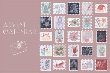 Vintage Christmas Advent Calendar. Christmas collection stamps with holiday symbols and elements of decoration. Cute winter illustration for card, poster, decor with hand drawn elements.