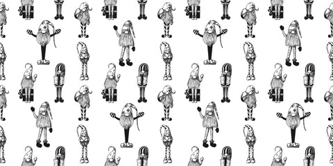 Christmas seamless pattern with Scandinavian Christmas gnomes. Sketch