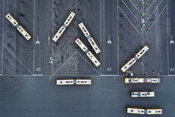Drone photo of Ostrobramska buses depot of MZA public transport company in Warsaw, capital of Poland