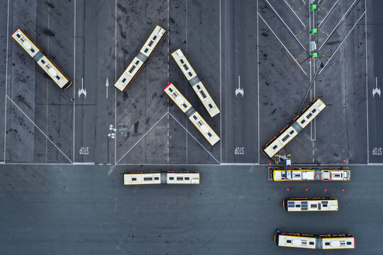 Drone photo of Ostrobramska buses depot of MZA public transport company in Warsaw, capital of Poland