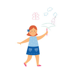 Cute little girl drawing doodles on the wall, flat vector illustration isolated.