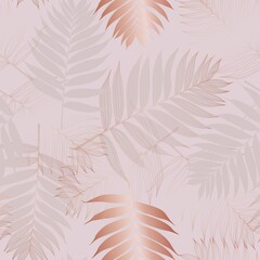 Seamless pattern with tropical leaves. Beige and golden palm leaves on the pink background. Seamless pattern. Tropical illustration. Jungle foliage. Vintage colors.