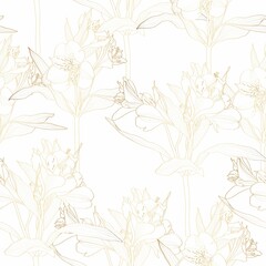 Beautiful seamless background with golden line alstroemeria lilies flower. Design greeting card and invitation of the wedding, birthday, Valentine's Day, mother's day and other seasonal holiday.