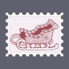Sleigh. Christmas stamps with holiday Vintage illustration. Postage stamp frames. Vector 