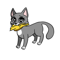 Gray cat caught a yellow bird. Cartoon vector isolated illustration. Digital art of sad kitten with big eyes 