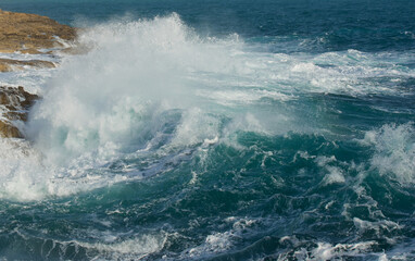 Stormy day in Malta. Big waves close up. Amazing sea. Autumn in Malta. Dangerous. 