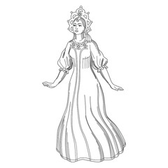 Fototapeta premium Cute girl in traditional Russian costume, Snow Maiden. Vector illustration. For coloring book.