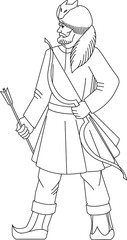 Hunter with bow.
 Hand drawn vector illustration isolated on white. Heraldry, coloring book.