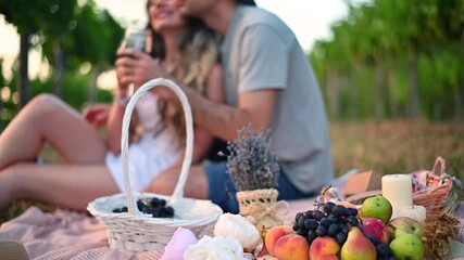 Man and woman drinking red wine in a vineyard at sunset in Moldova, picnic - Powered by Adobe