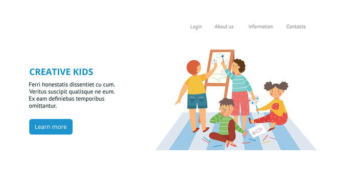 Website banner for children creative art classes flat vector illustration.
