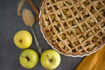 Beautiful decorated apple pie. Holiday menu ideas. Classic apple pie receipt. 
