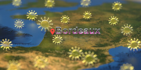 Sunny weather icons near Bordeaux city on the map, weather forecast related 3D rendering