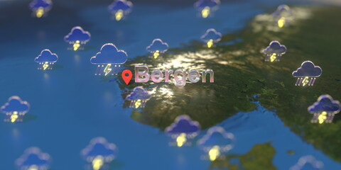 Fototapeta na wymiar Stormy weather icons near Bergen city on the map, weather forecast related 3D rendering