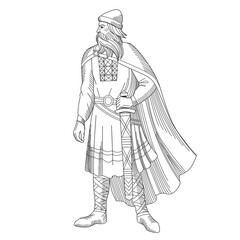 Heraldry.Old Russian prince with a sword in armor. Stock vector illustration for coloring book.