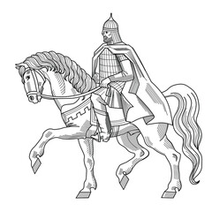 Fototapeta na wymiar Old Russian knight with armor and helmet on horse.Heraldry.Hand drawn vector illustration isolated on white background. For coloring books and pages.