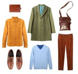 Male garment set,fashion apparel isolated.Man clothing collection,autumn outfit.