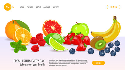 Website design with fresh fruits and berries. Fresh fruits, healthy food, detox, vegan concept. Vector illustration for banner, poster, cover.