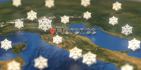 Snowy weather icons near Florence city on the map, weather forecast related 3D rendering