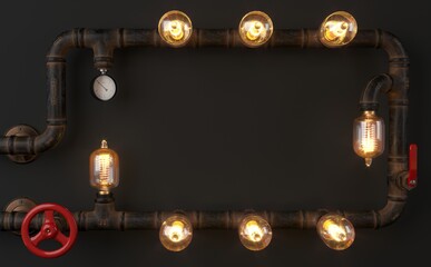 Background dark wall loft steampunk lamp from pipes
