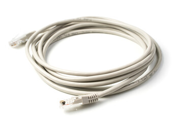 The cable for connecting the computer and router is isolated on a white background. Patch cord....