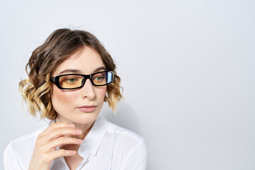 Woman business finance glasses work office light background portrait model