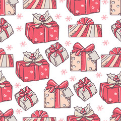 Colorful seamless pattern with gift boxes and snowflakes. Beautiful background. Vector.