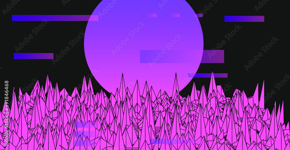 Poster Synthwave style retro landscape with glitched and distorted grid. Retrowave and vaporwave neon aesthetics like il old computer video games of 80's-90's.