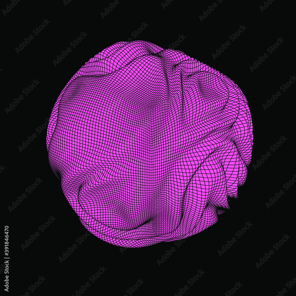 Poster Glitched and distorted sphere, organic morphing 3d blob. Concept of data visualization, graph of mathematical function, generative computer art.