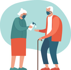 Safety measures for elderly people during coronavirus COVID-19 disease pandemic. Old couple wearing protective masks sanitizing hands