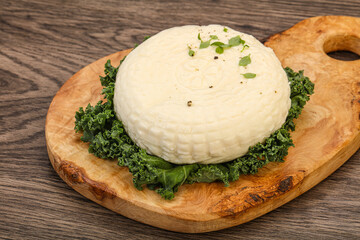 Caucasian suluguni round cheese piece