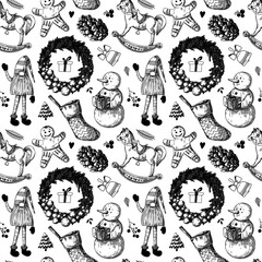 Christmas seamless pattern. Toys, snowman, wreath and other Christmas elements. Sketch