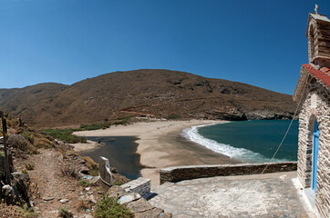 The beach of Achla on the island of Andros Cyclades Greec