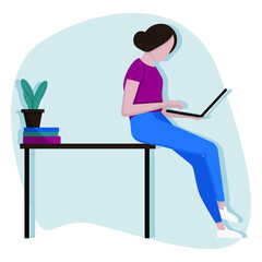 Vector image of a girl working on a laptop. Online training and remote work. Self-employed woman in self-isolation.