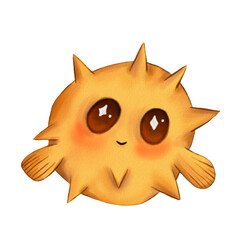 cute illustration elements brown round sea fish ball with big eyes and spikes isolated on white background, sea, ocean, animals, for greeting cards, decoration, fabric, packaging, design, decor