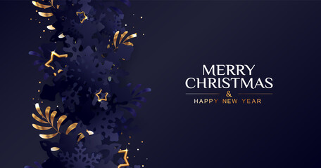 Fototapeta na wymiar Merry Christmas banner with snowflakes border, golden branches and stars on dark blue background.