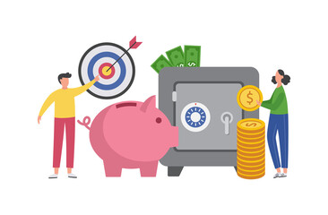 People saving money in piggy bank and safe box, flat vector illustration.