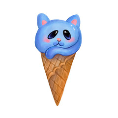  illustration element sweet ice cream in the form of a blue cat in a waffle cone on a white background, food, animals, for postcards, decoration, fabric, packaging, design, decor