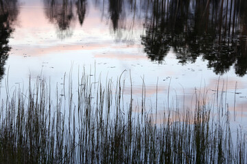 Reflection autumn sunset in water on lakeside